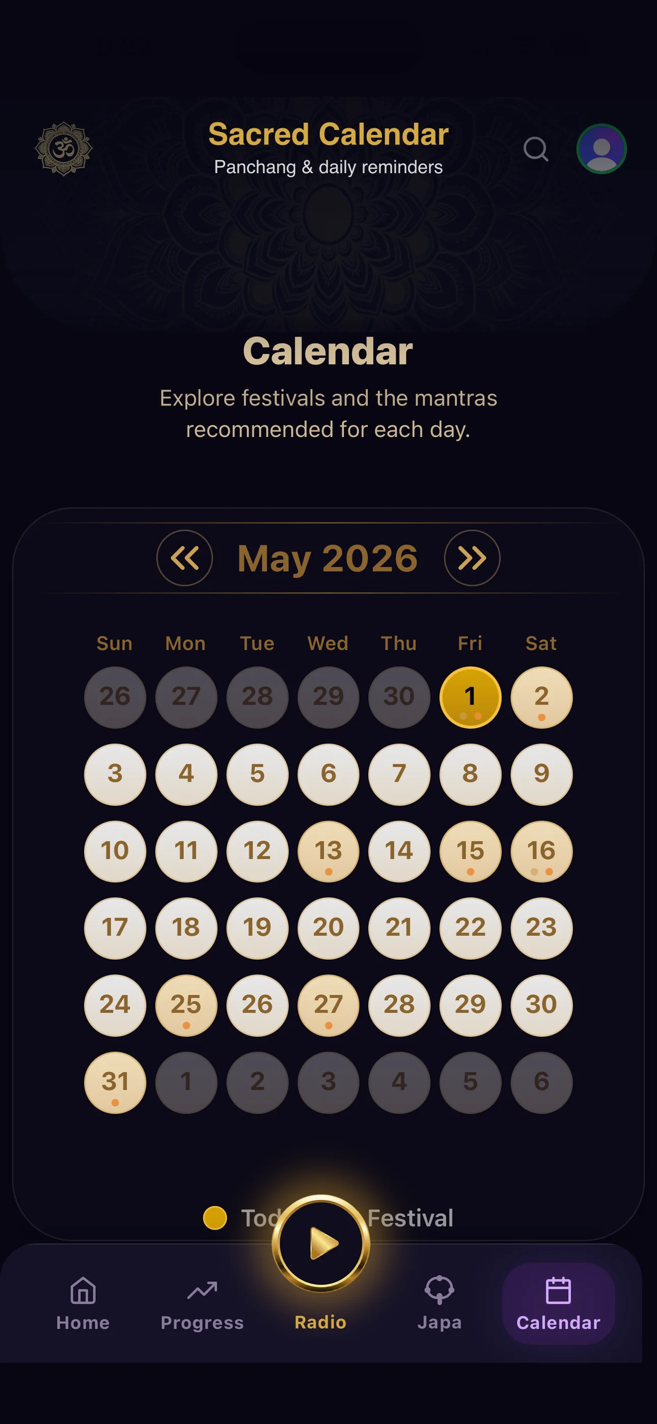 Anukriti festival calendar showing March 2026 with festival day markers