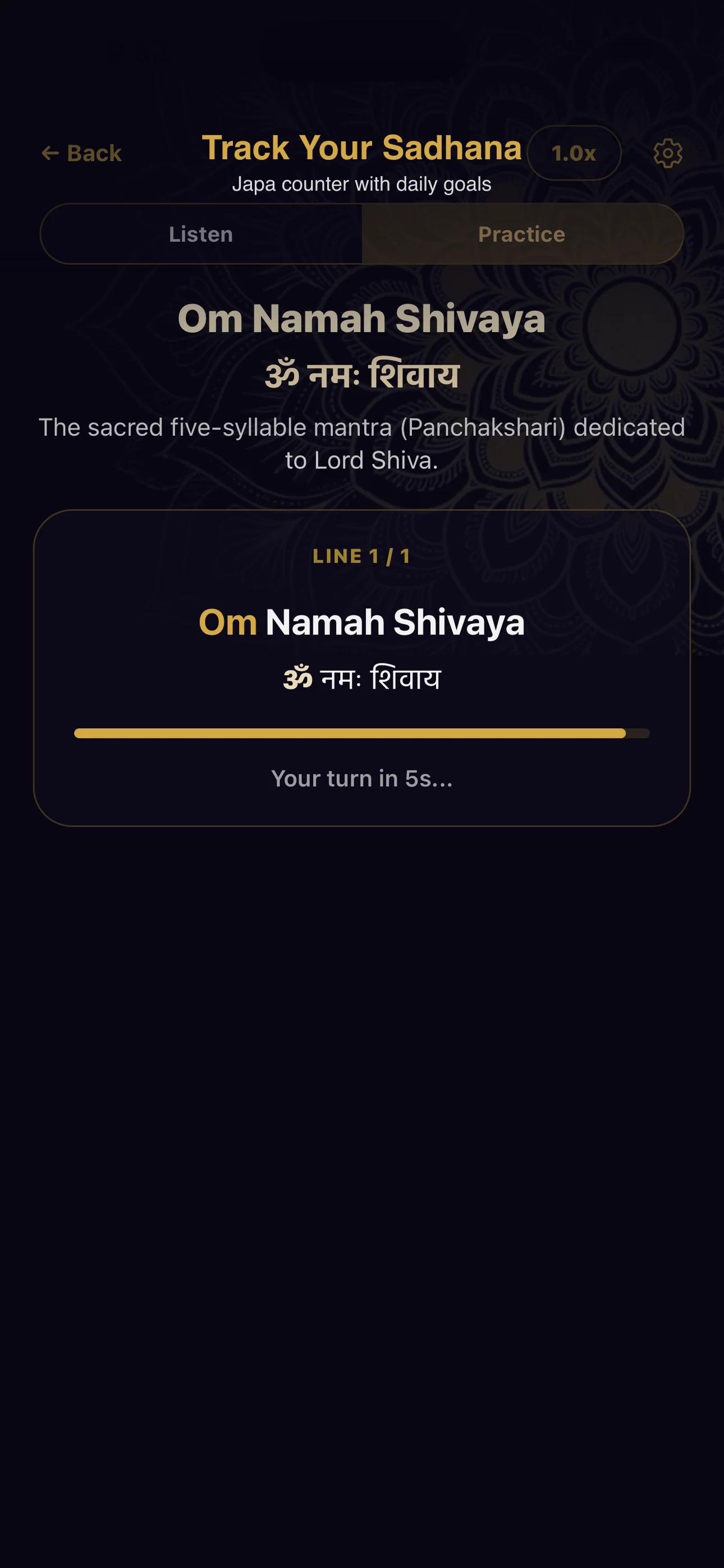 Anukriti Japa Counter screen with 108-count goals and focus mode