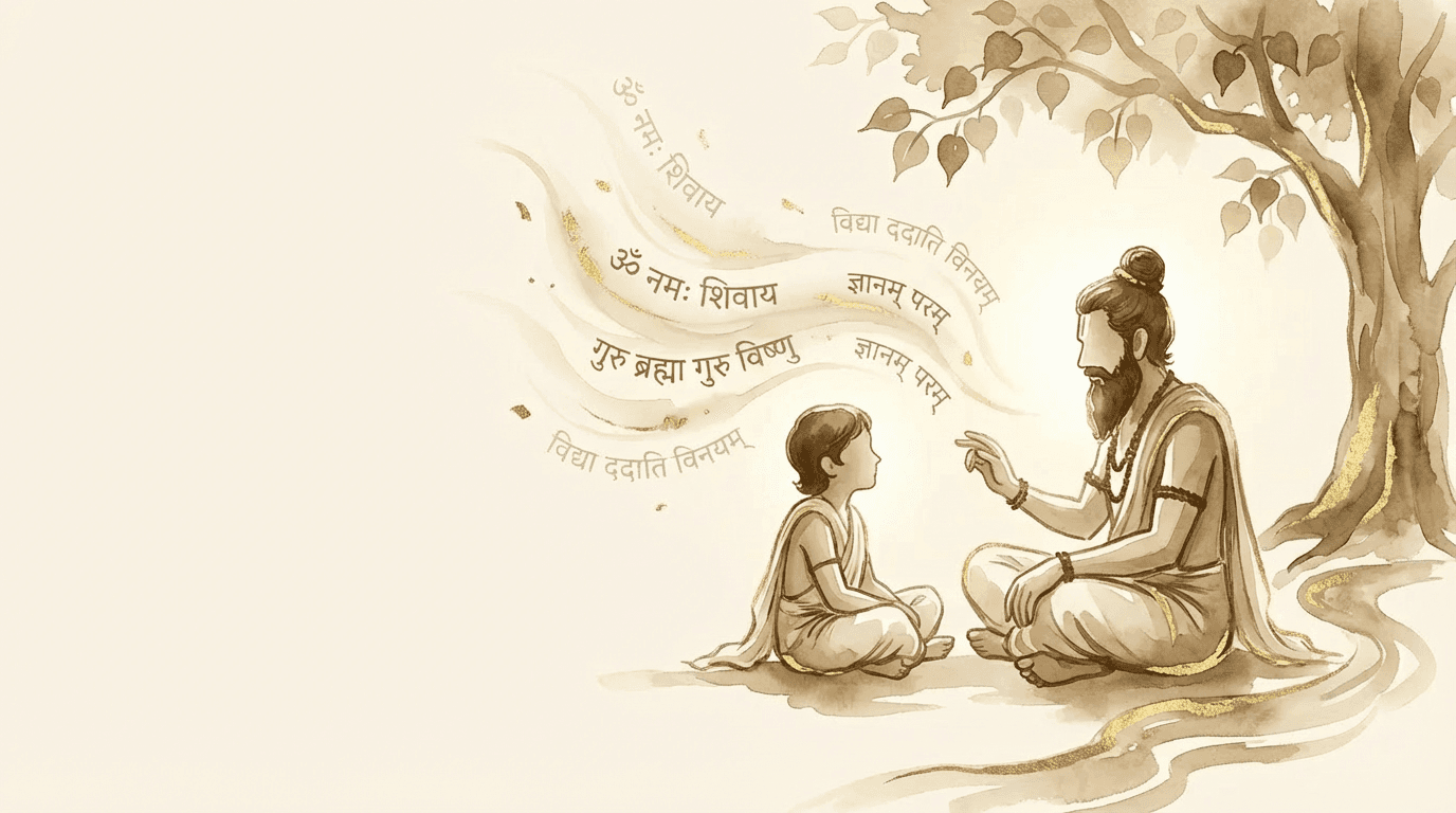 Guru teaching sacred mantras to young student under a tree