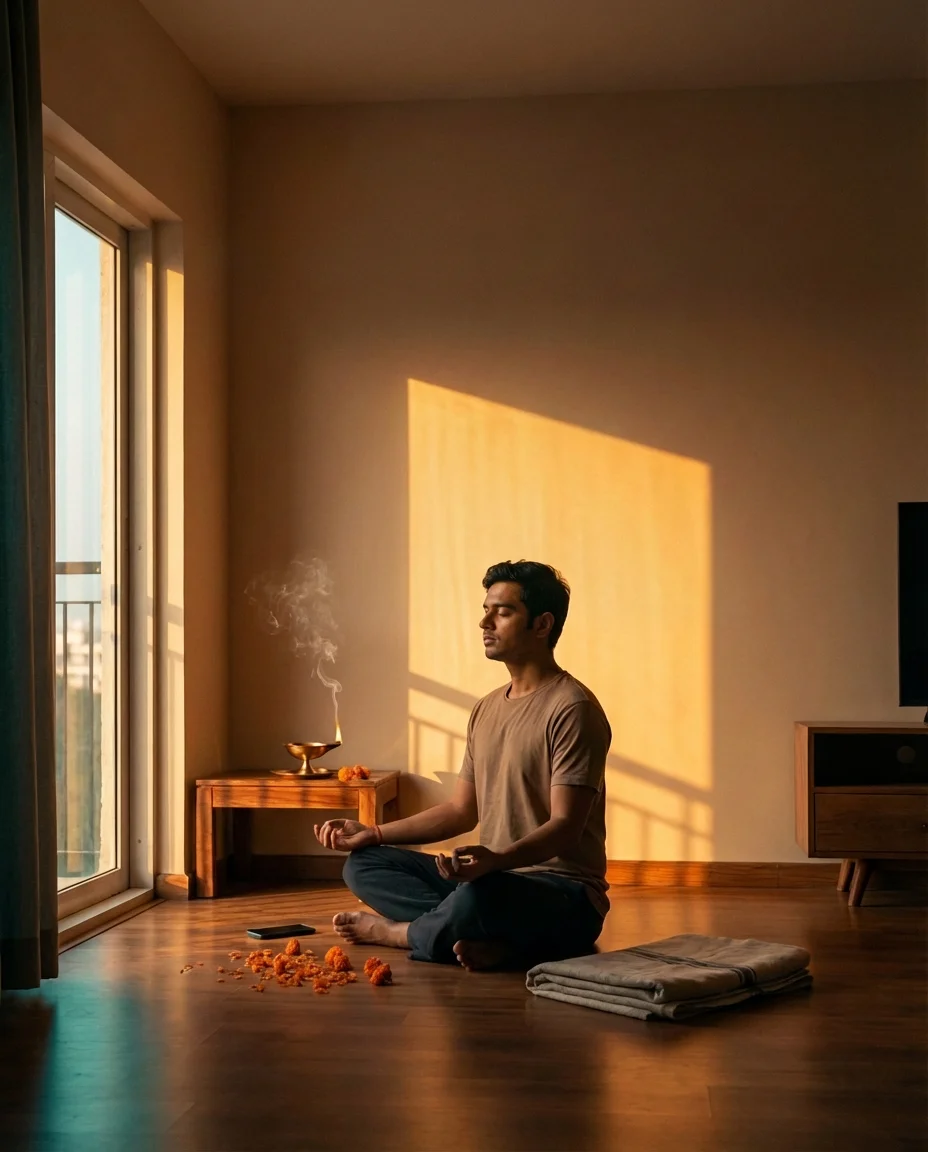 Modern practitioner chanting at sunrise