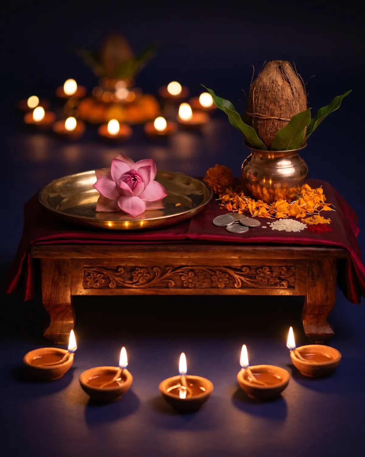 A Lakshmi Puja altar on Diwali night: a pink lotus on a brass plate on a carved wooden stand draped in red silk, a brass kalash with mango leaves and coconut, marigold, silver coins and rice, five clay lamps burning in front