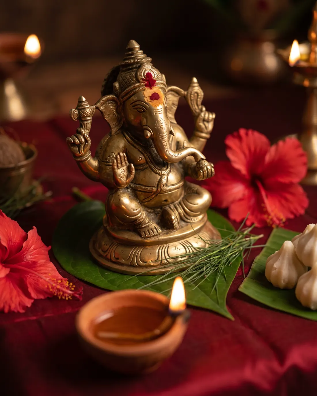 A small brass Ganesha seated on a betel leaf on red cloth, a lit clay lamp in front, red hibiscus, durva grass and modak sweets beside him
