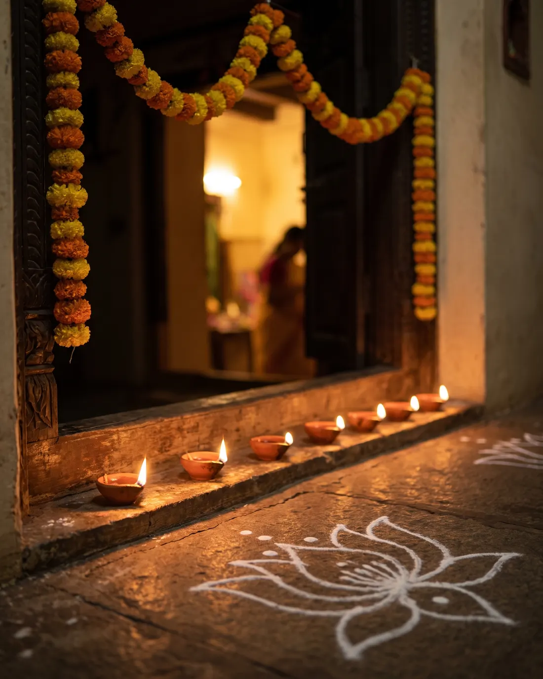 A row of clay lamps burning along the stone doorstep of a home on Diwali night, a rice-flour lotus kolam on the floor, a marigold garland across the open doorway