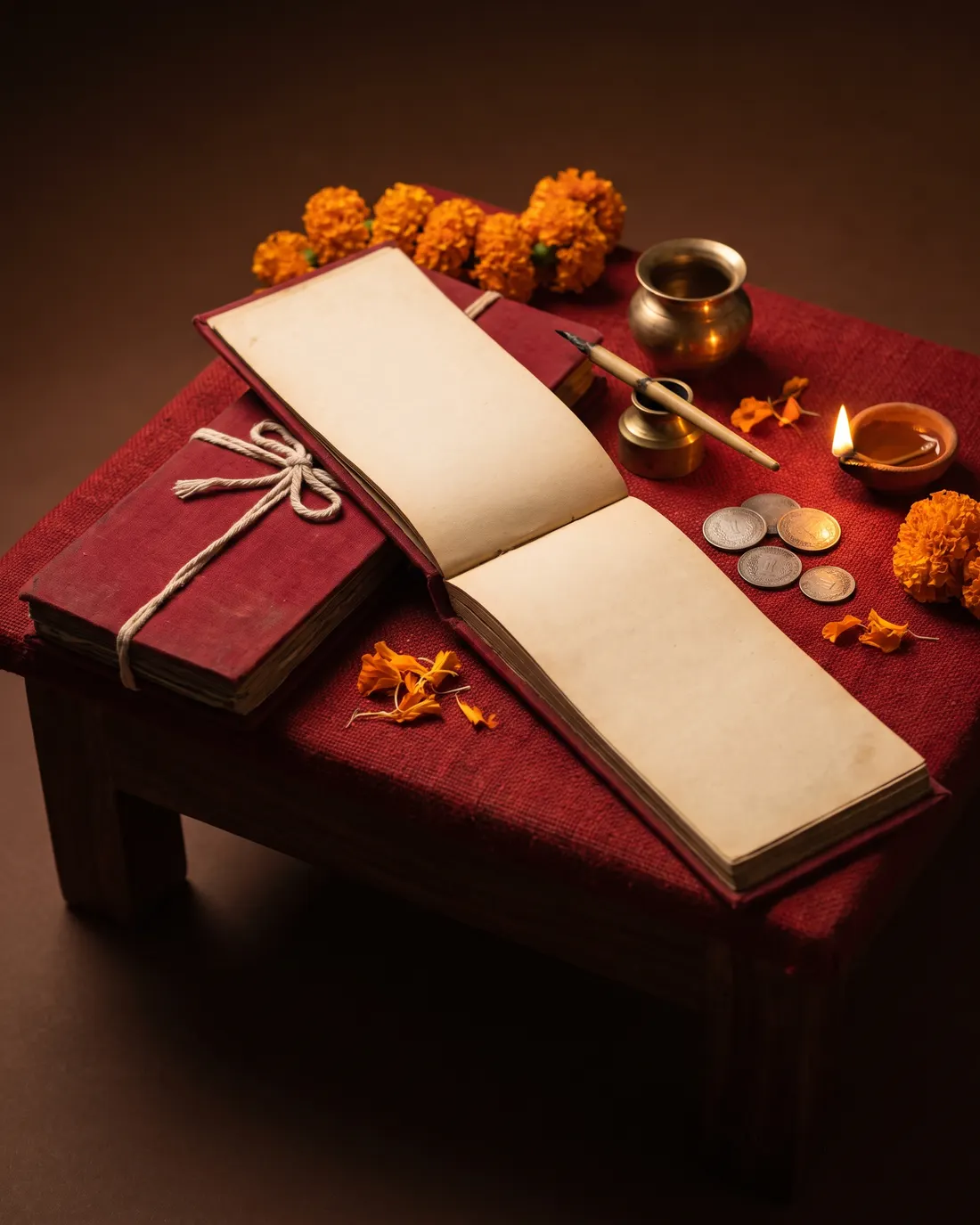 Red cloth-bound merchant ledgers tied with cotton string, one open to blank cream pages, on a low desk with a brass inkpot, a reed pen, silver coins, marigolds and a lit clay lamp
