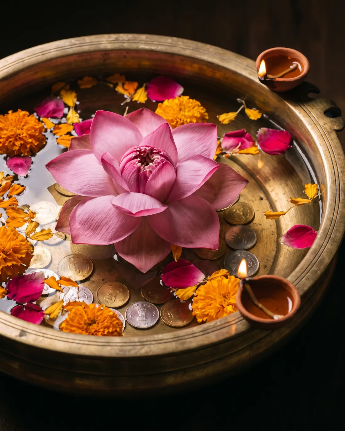 A pink lotus in full bloom floating in a wide brass urli of water, marigold and rose petals around it, coins on the bottom of the vessel, two clay lamps burning on the rim