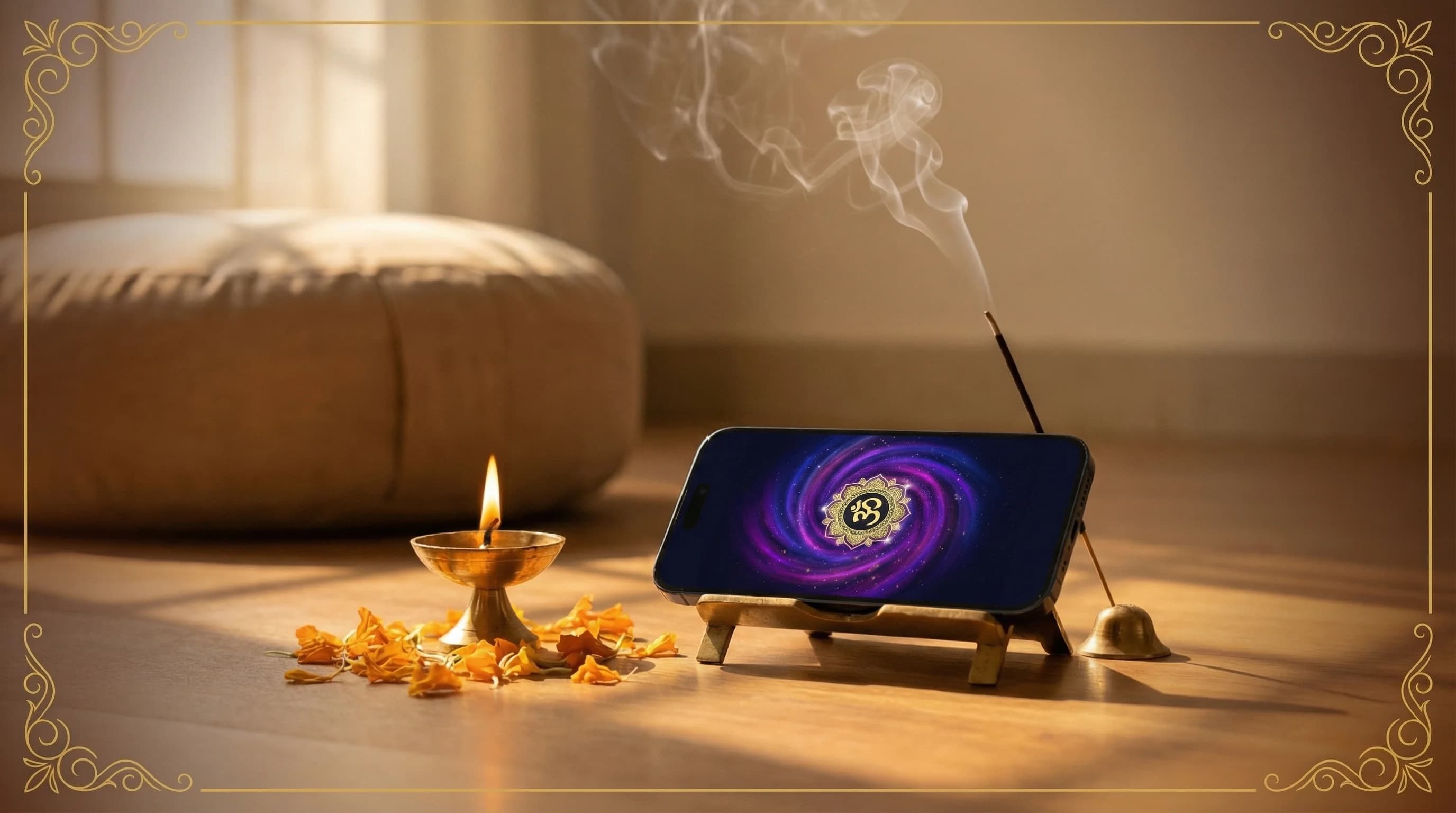 Daily Mantra Practice — a phone displaying the Anukriti app
