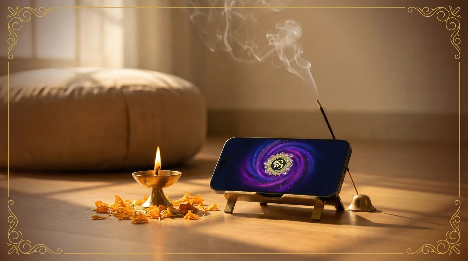 Daily Mantra Practice — a phone displaying the Anukriti app