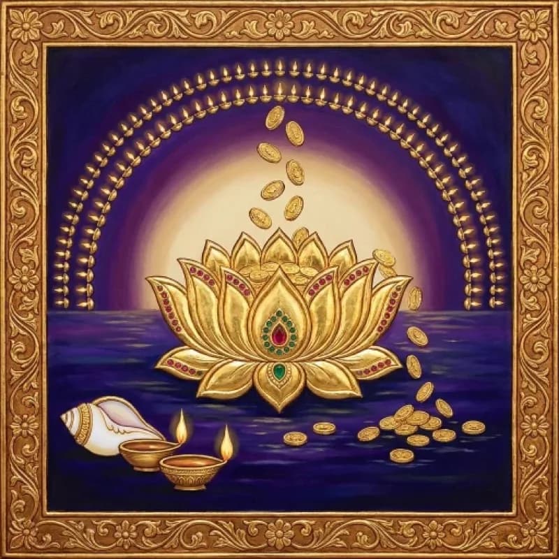 Golden lotus rising from dark water with coins and lit diyas — cover art for Anukriti's companion Shri Lakshmi Ashtottara track