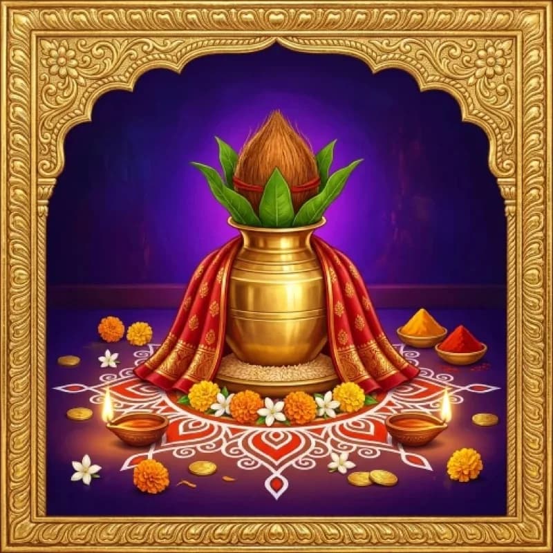 Brass kalasham for Varalakshmi Vratam dressed with a coconut and mango leaves, set on a kumkum rangoli with lit diyas and bowls of turmeric and vermilion