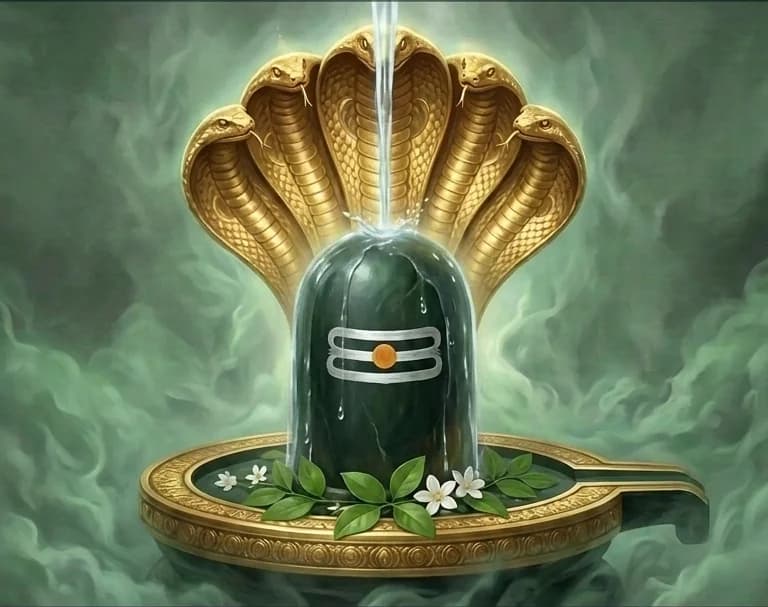 Water poured in ritual abhisheka over a Shiva lingam beneath a five-hood serpent canopy