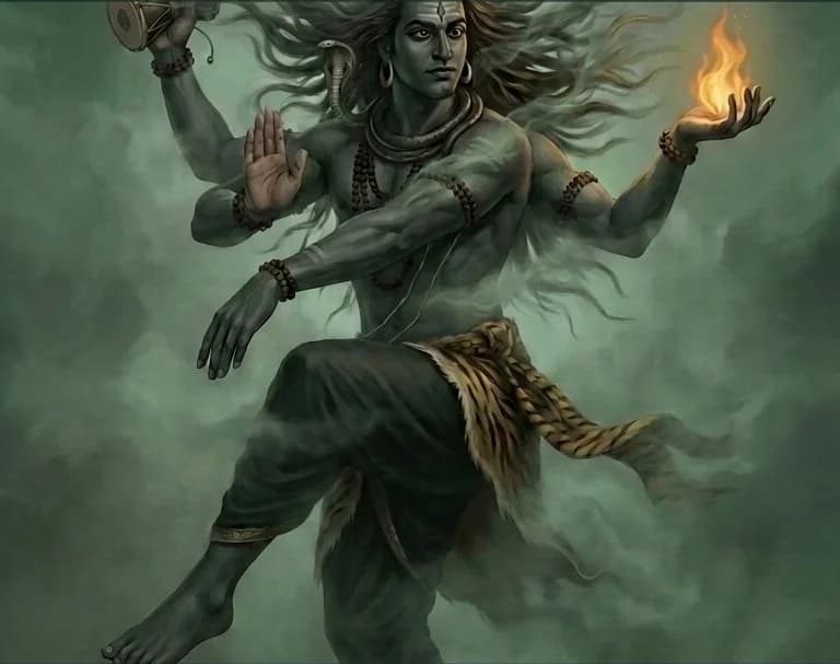 Shiva in a dynamic four-armed dance pose, holding fire and a small drum, hair unbound