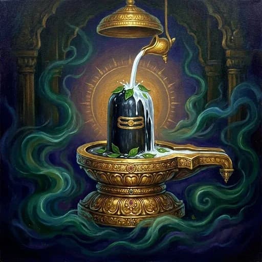 Devotional illustration of a Shiva lingam being bathed beneath a temple arch, wreathed in green mist