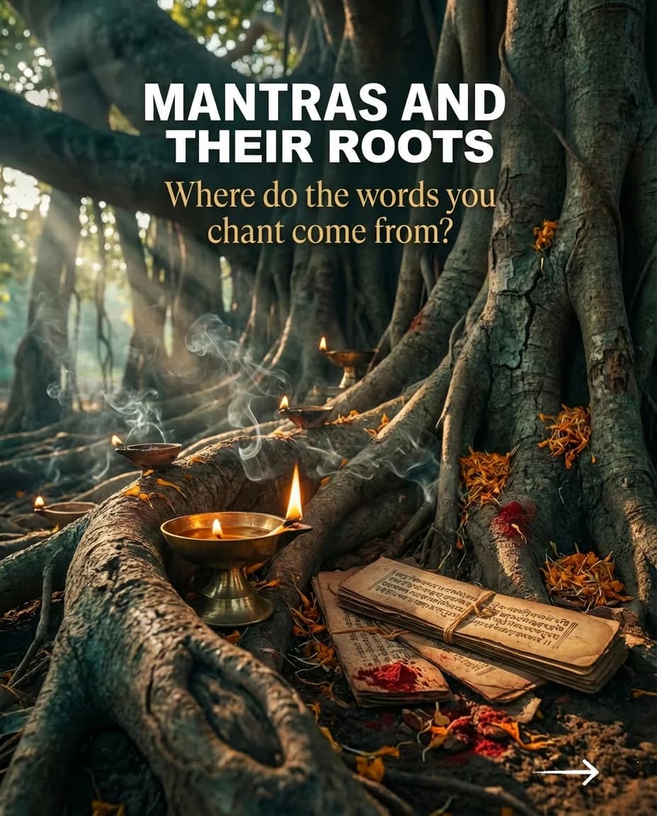 Ancient banyan tree with brass diyas and palm-leaf manuscripts — the roots of mantras