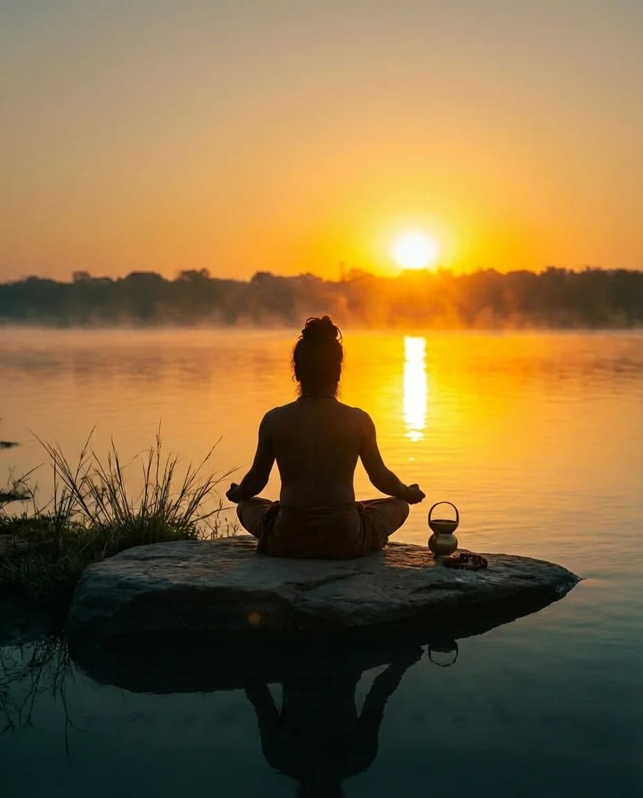 Sage Vishvamitra at the banks of the Ganga at sunrise — revelation of the Gayatri Mantra