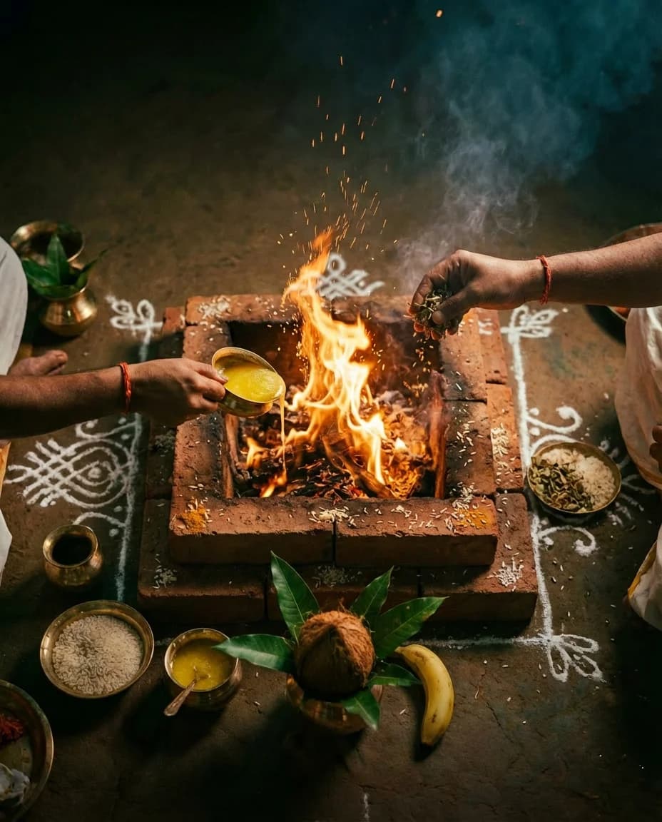 Sacred fire ceremony — the Brahmarpana food offering verse from the Bhagavad Gita