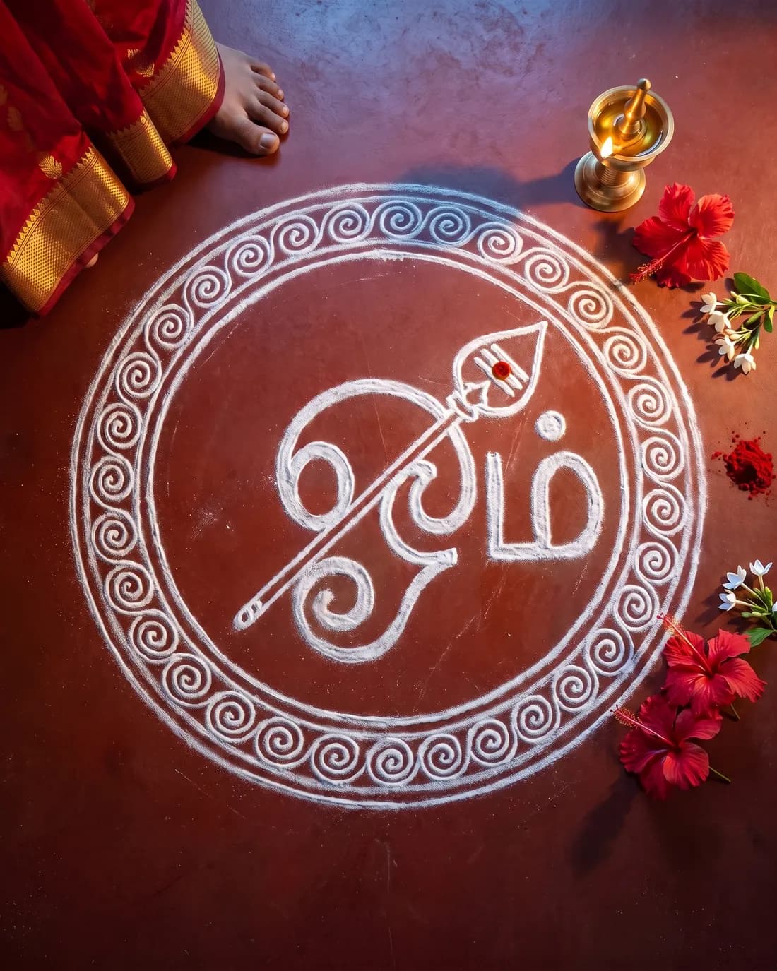 A rice-flour kolam on a red-ochre floor at dawn: the Tamil ஓம் with Murugan’s vel drawn diagonally through it, inside a double circle of spirals, with a brass lamp and red hibiscus