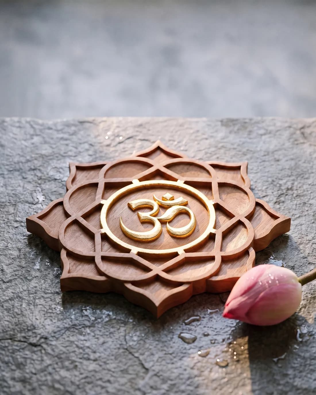 The Devanagari ॐ carved in relief and gilded at the centre of an eight-petalled sandalwood lotus, a pink lotus bud beside it on grey stone