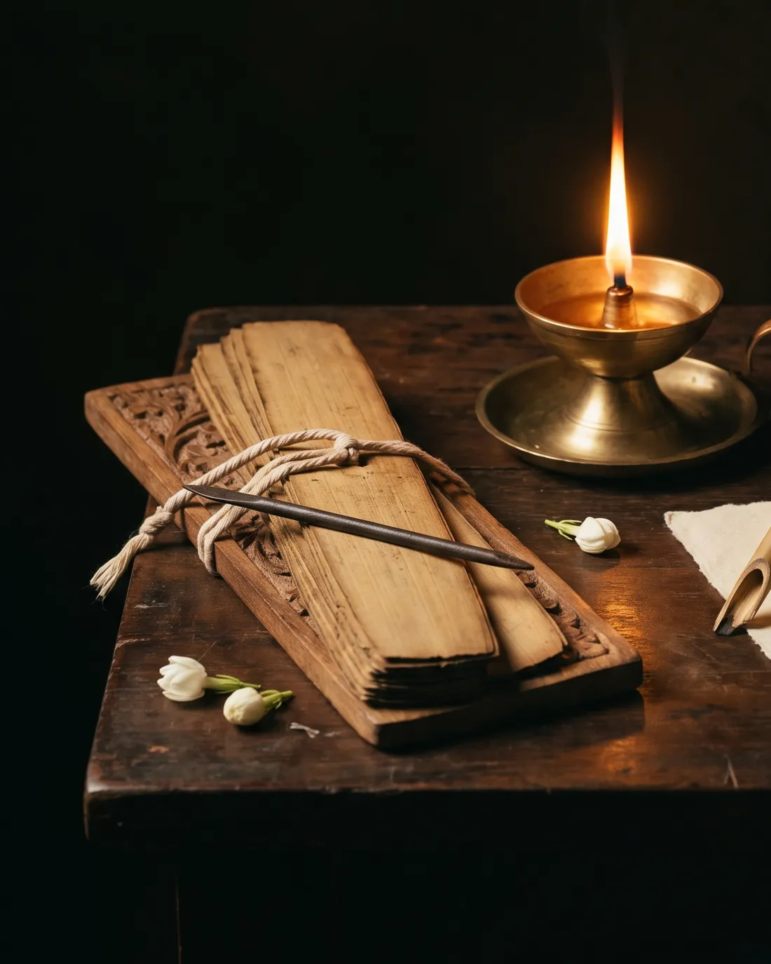 A bundle of palm-leaf manuscript leaves tied with cotton cord between carved boards, an iron stylus laid across it, a brass oil lamp burning behind on a dark teak table
