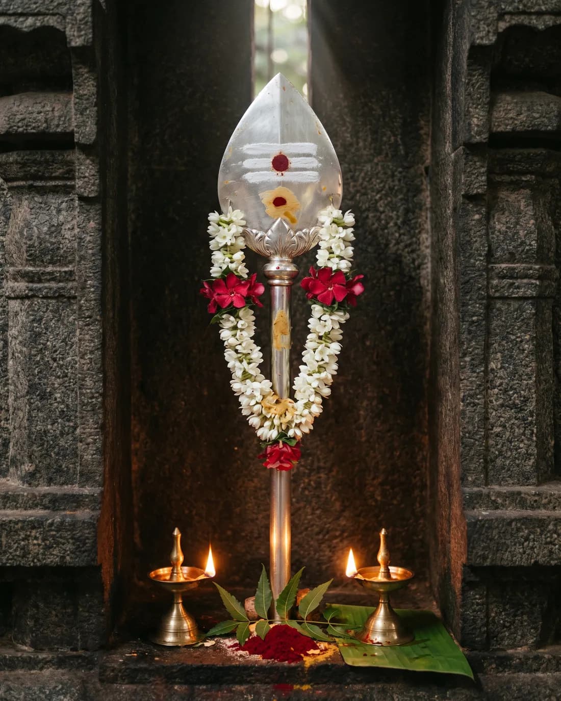 A silver vel, Murugan’s leaf-bladed spear, standing in a granite temple niche, its blade striped with sacred ash and marked with kumkum, garlanded in jasmine and oleander, oil lamps burning at its foot