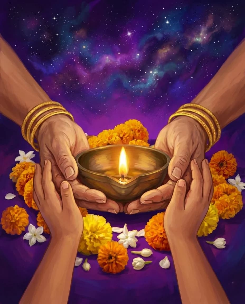 Grandmother and granddaughter sitting cross-legged with a brass diya between them