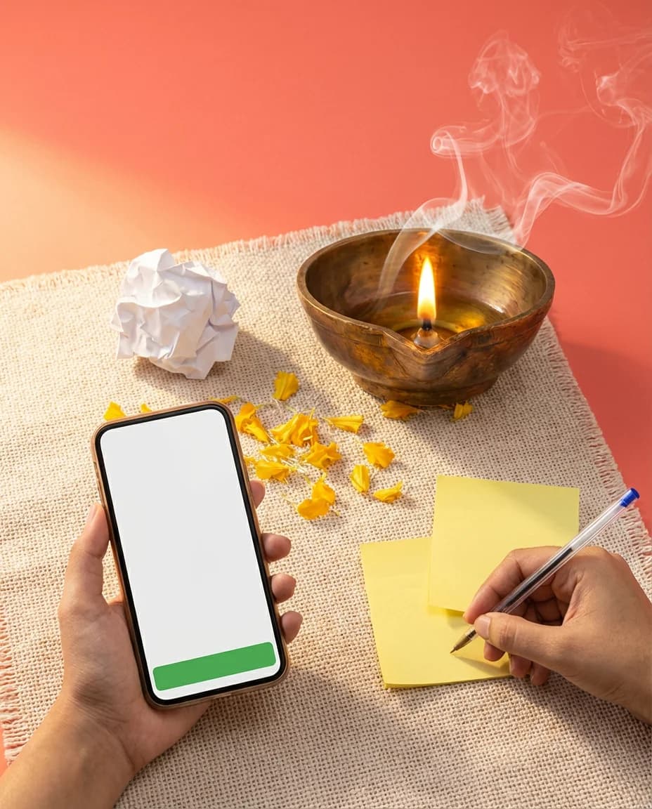 A young woman practicing a mantra on the Anukriti app, continuing the tradition