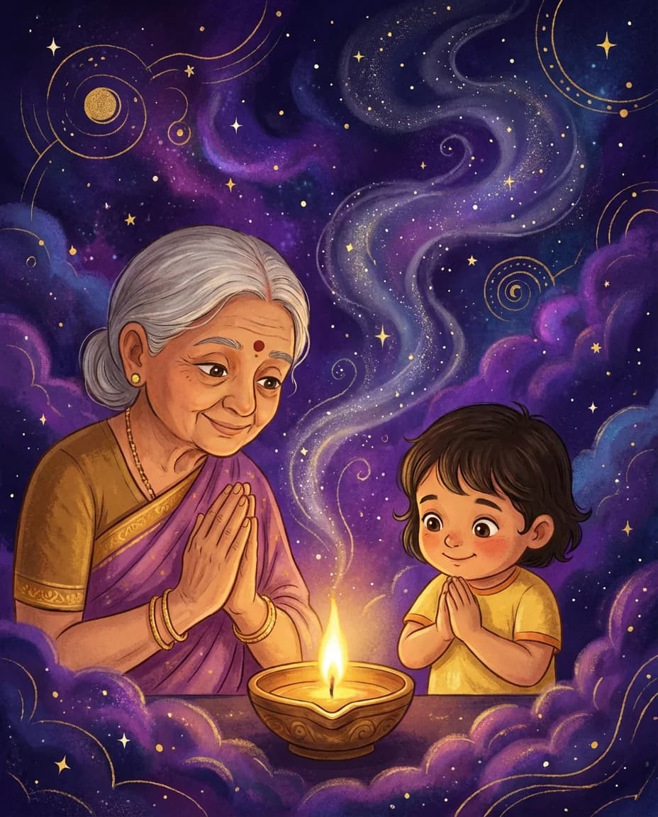 A grandmother teaching her granddaughter a Sanskrit mantra