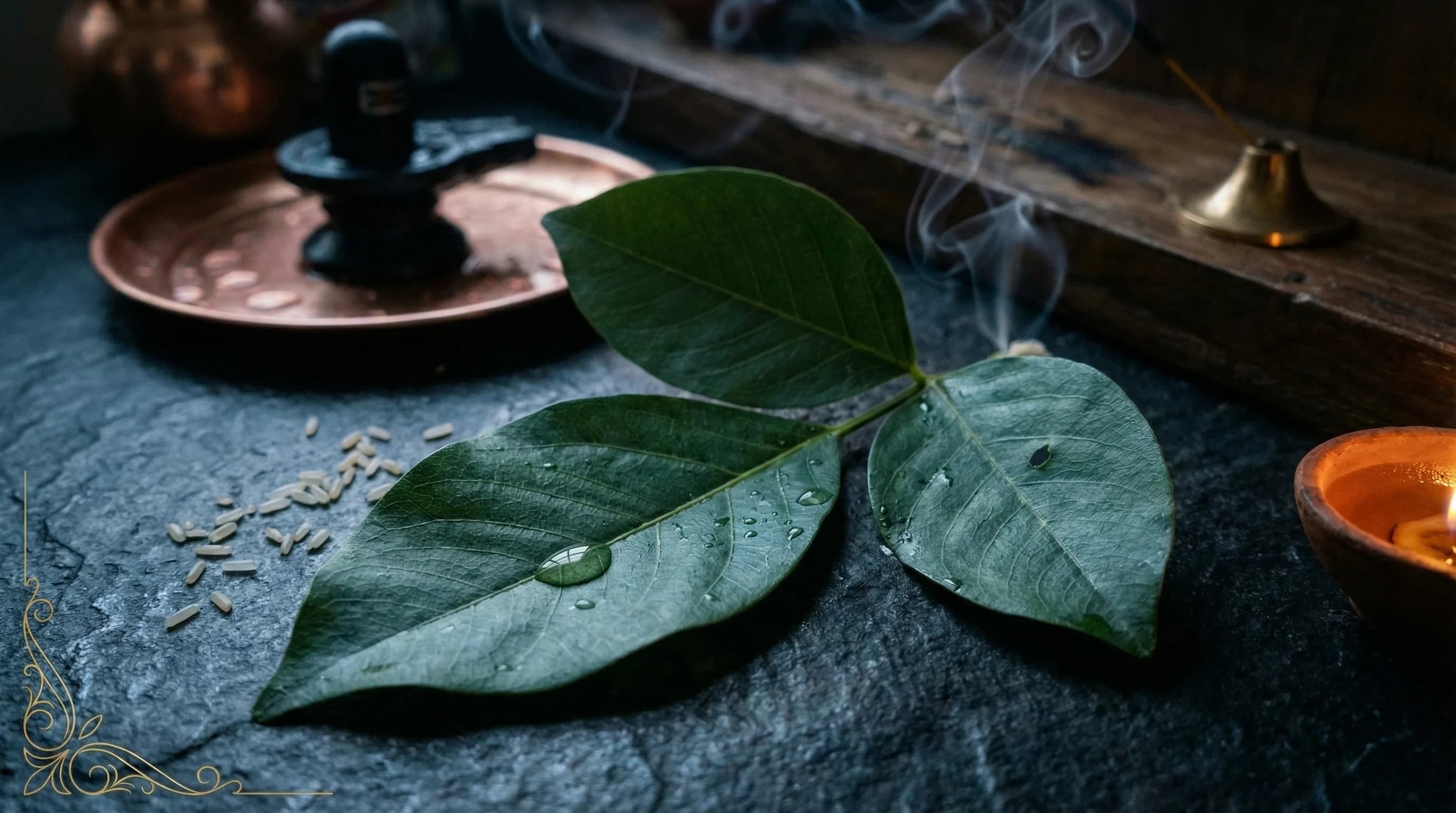 Close-up of a trifoliate bilva leaf placed on a Shiva lingam