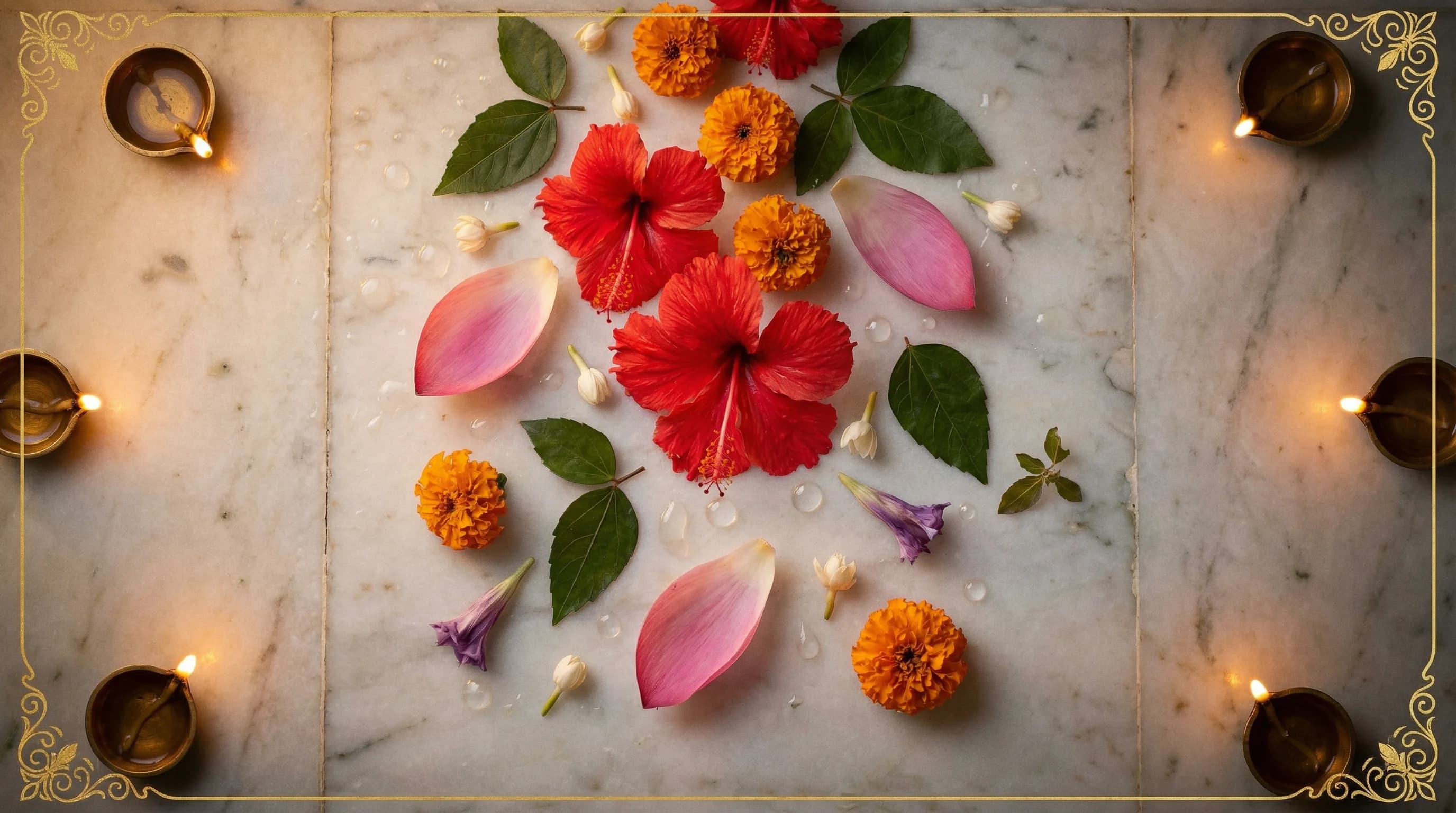 Sacred flowers arranged for Hindu puja offering