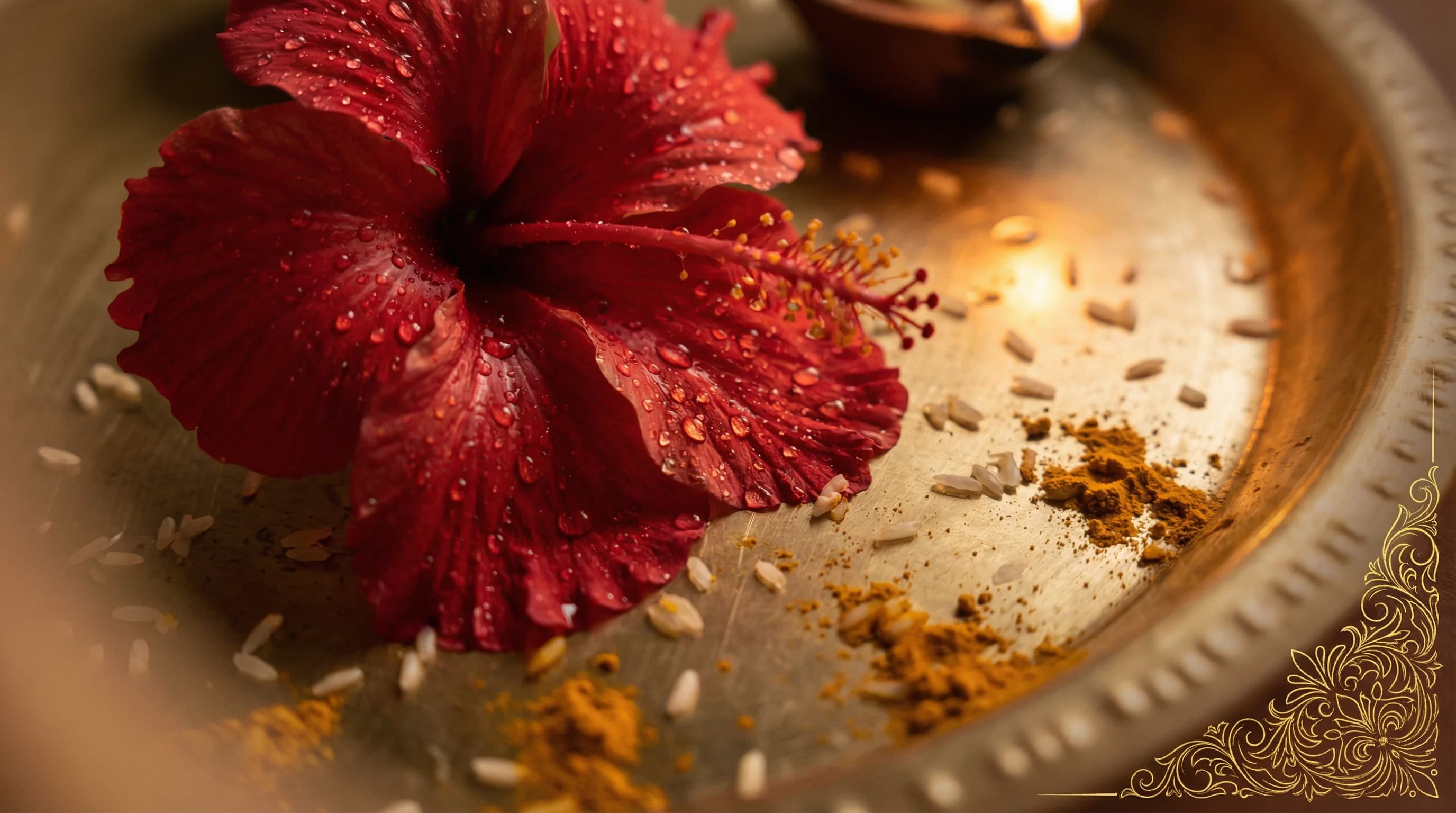 Close-up of a red hibiscus flower offered during puja