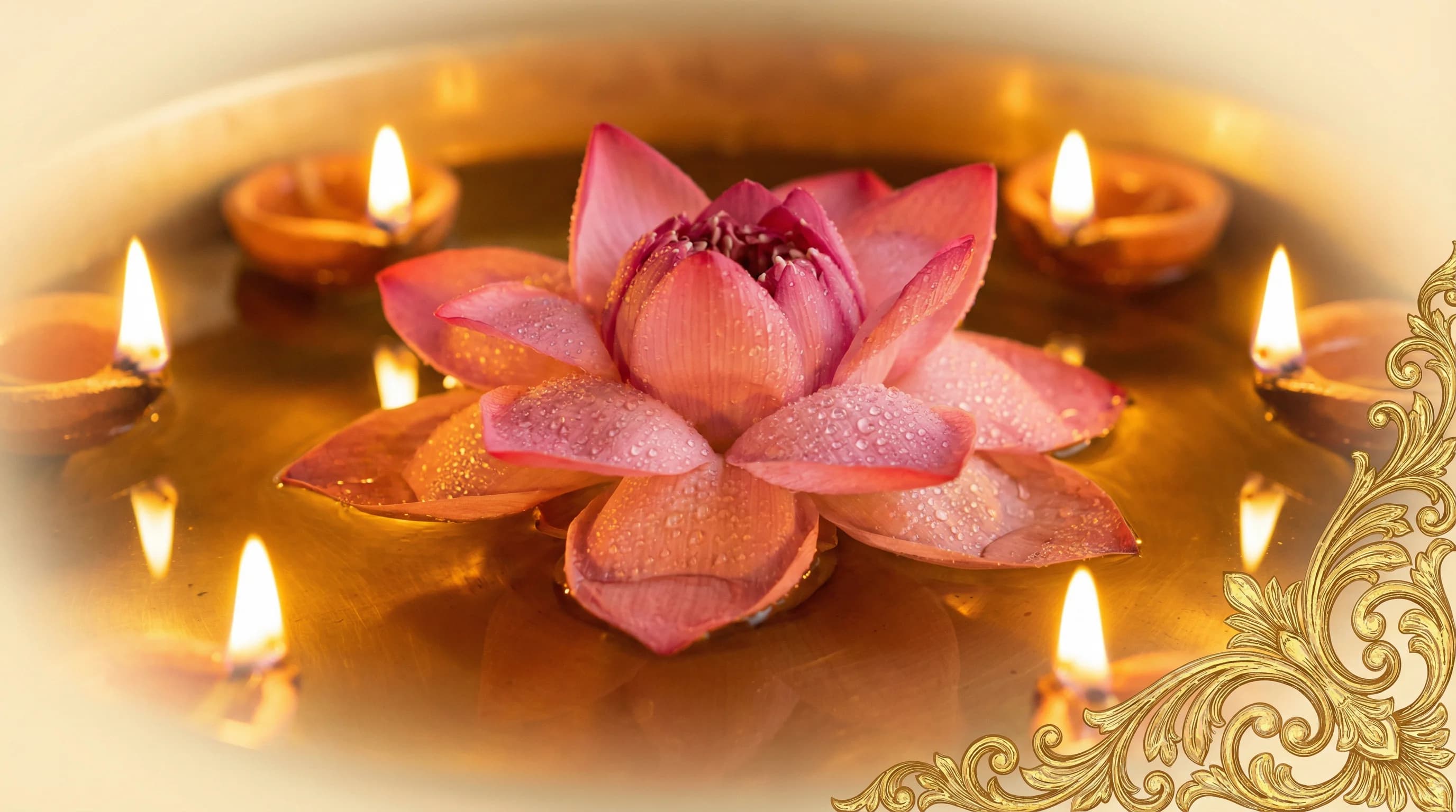 Close-up of a pink lotus offered at the feet of Lakshmi