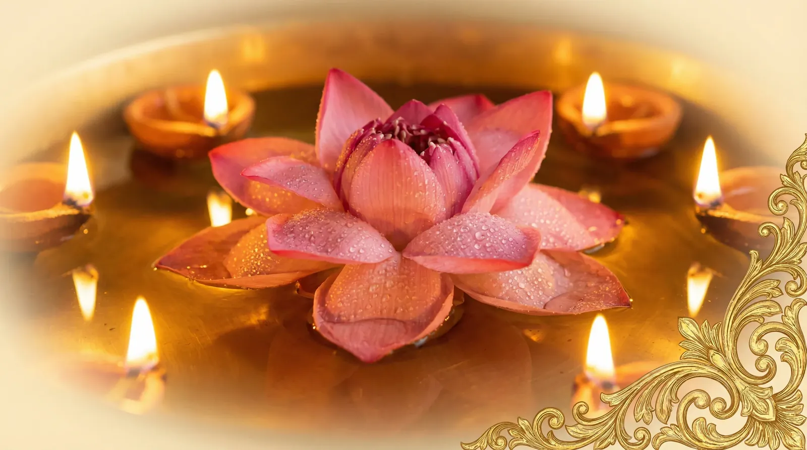 A pink lotus floating in a brass urli ringed with lamps