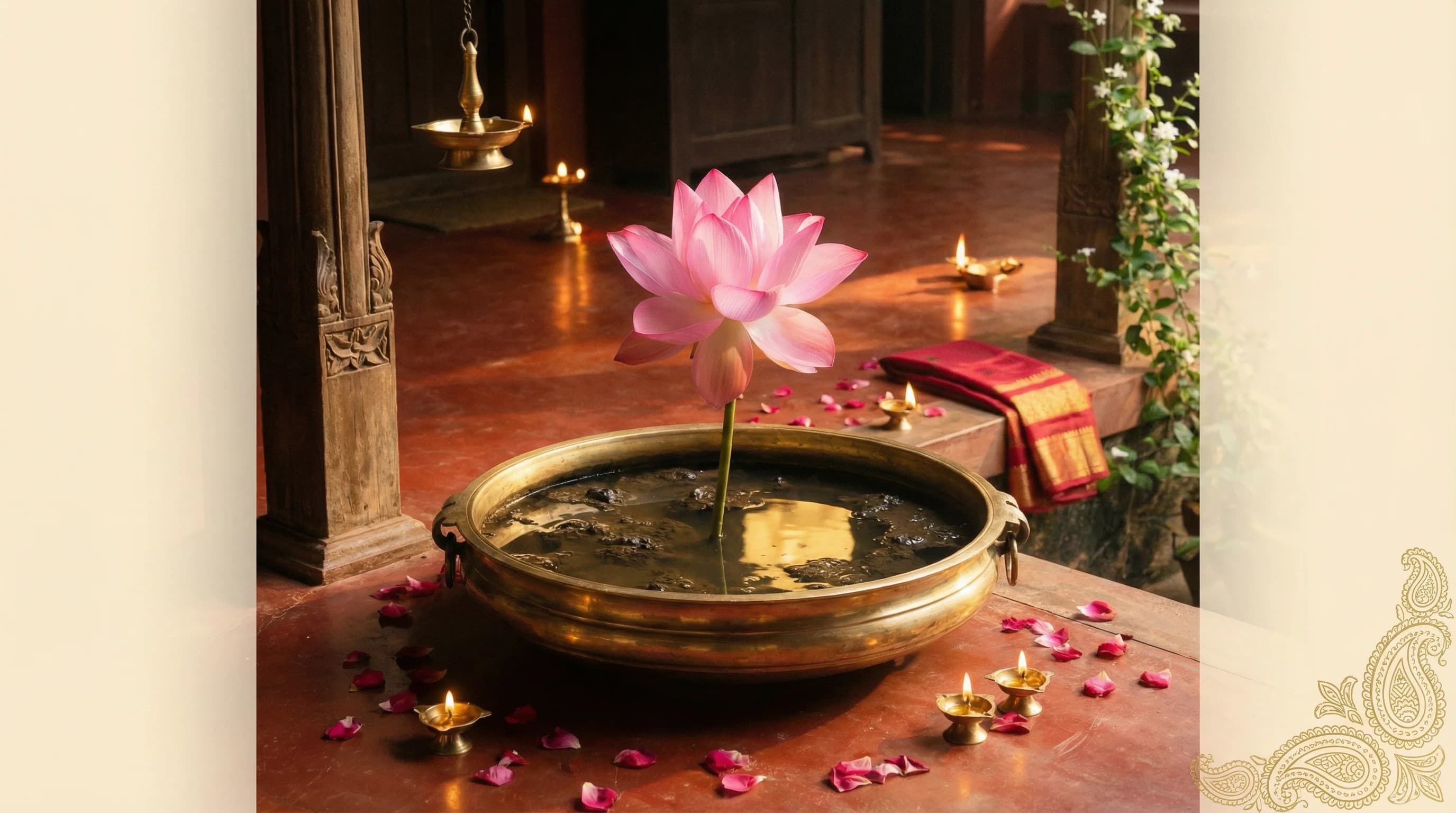 Pink lotus flowers blooming in a temple pond