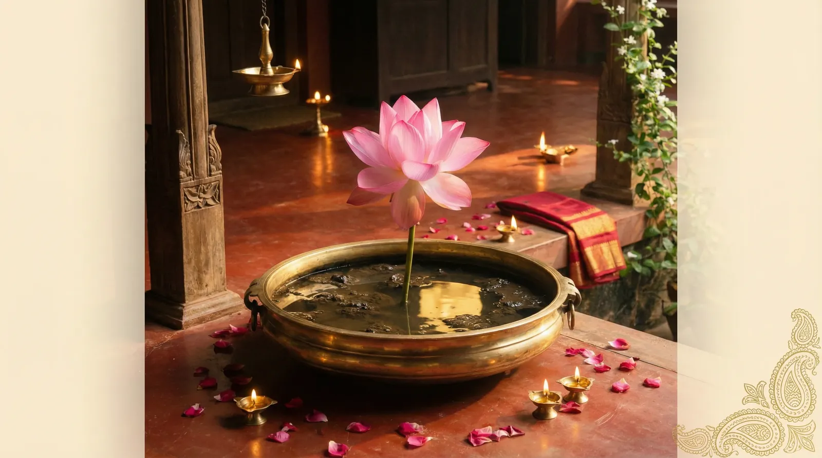 Pink lotus flowers blooming in a temple pond
