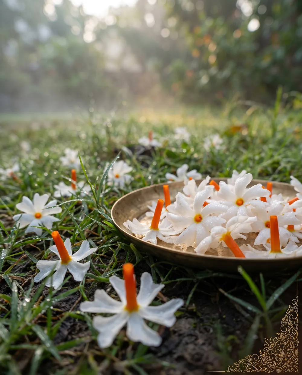 Fallen white shiuli flowers with orange stems on dewy grass at dawn, a brass plate half filled with them