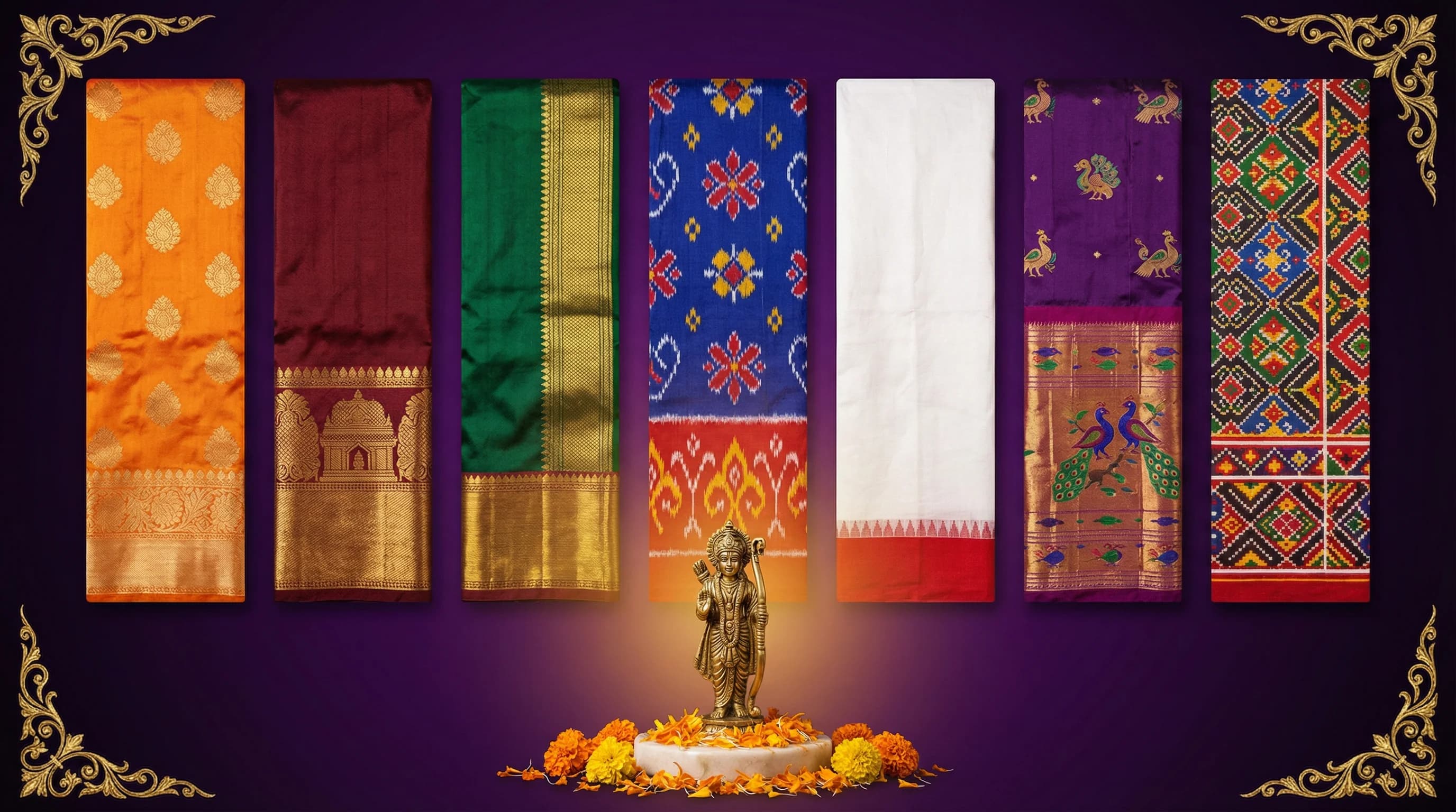 Ram Navami — seven fabric strips representing regional traditions with Ram murti