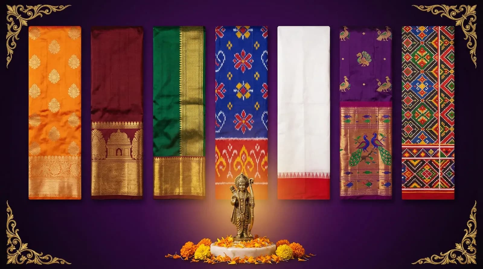 Ram Navami — seven fabric strips representing regional traditions with Ram murti
