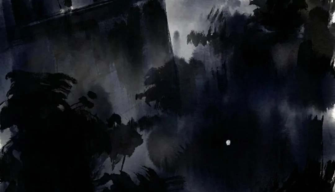 A deep ink-wash rendering of Ravana's palace grounds at night, dark and unresolved, evoking Hanuman's search