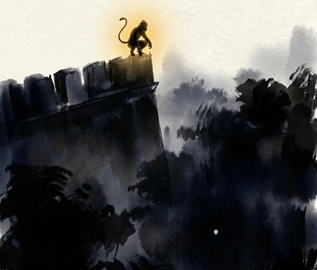 Hanuman crouched on the wall of Ravana's palace at night, an ink-wash silhouette watching over a misty, dark cityscape
