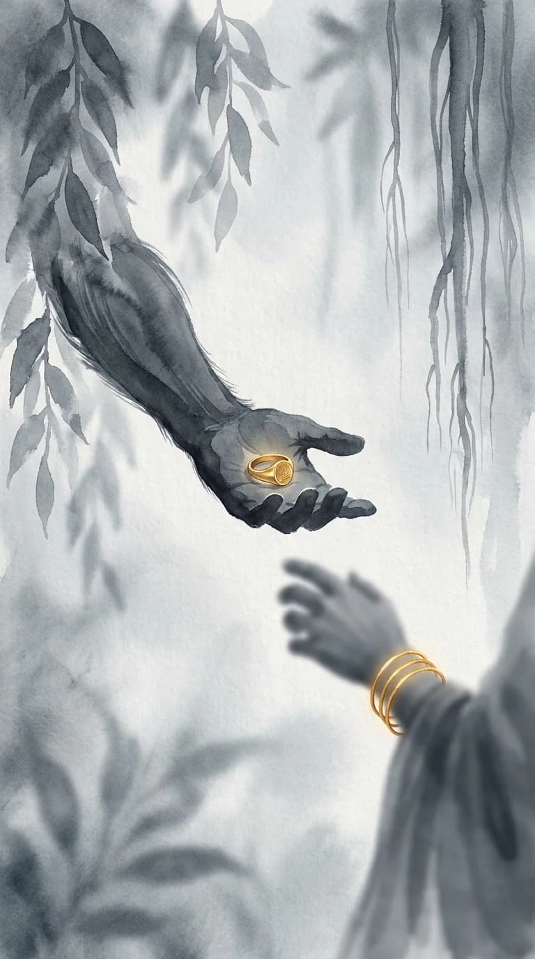Ink-wash illustration: Hanuman's dark hand reaching down through the branches with Rama's glowing gold ring, toward Sita's bangled hand