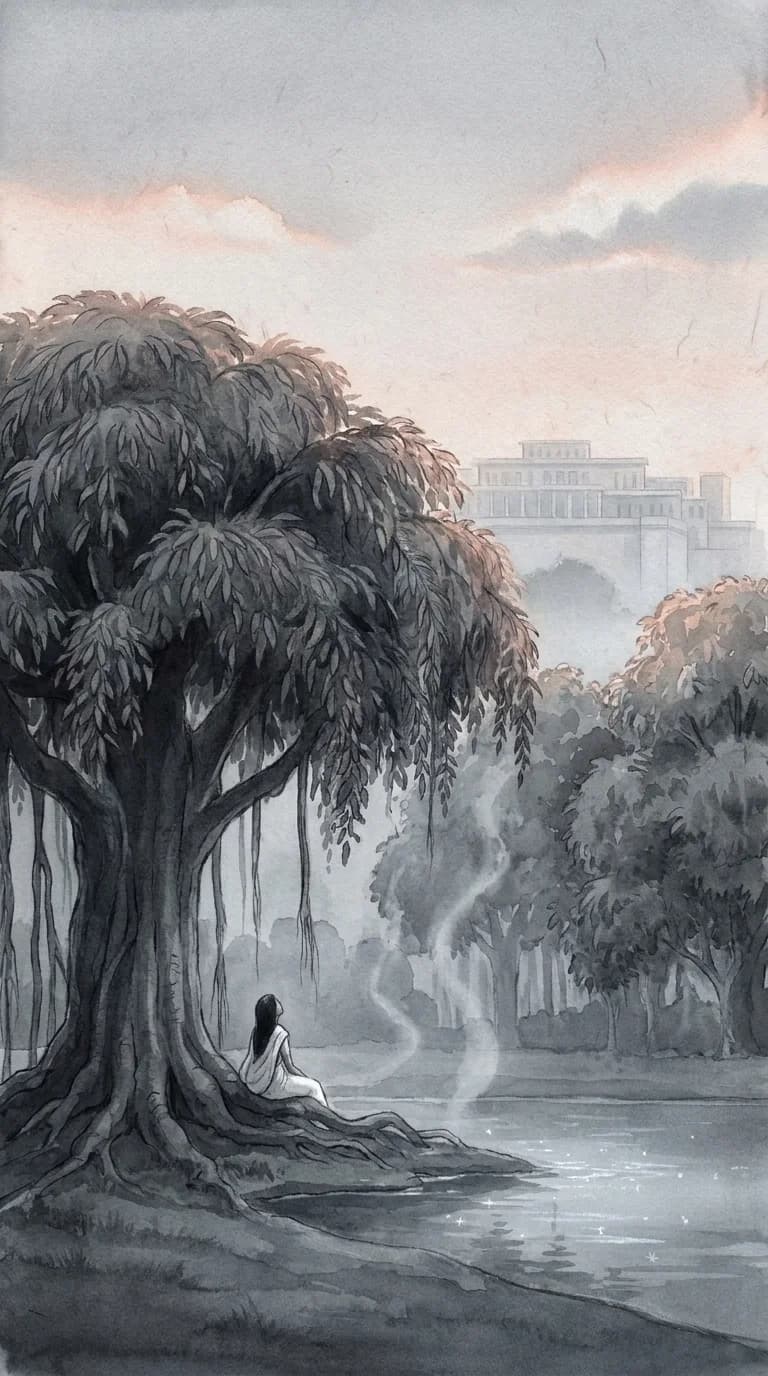 The grove at first light, ash-grey ink warming to rose-gold along the upper edges, Sita seated beneath the great tree by the water