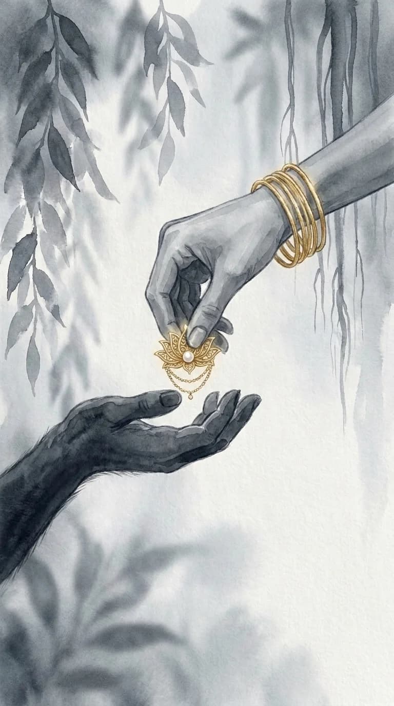 Sita's bangled hand placing the gold lotus-filigree crest-jewel into Hanuman's cupped palm, ink-wash