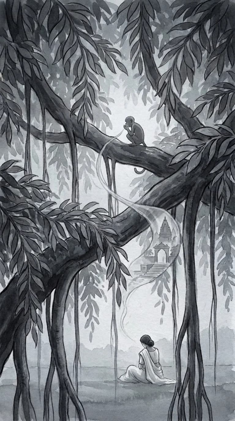 Hanuman in the branches of the grove whispering the story, Sita seated far below in ash-grey ink-wash
