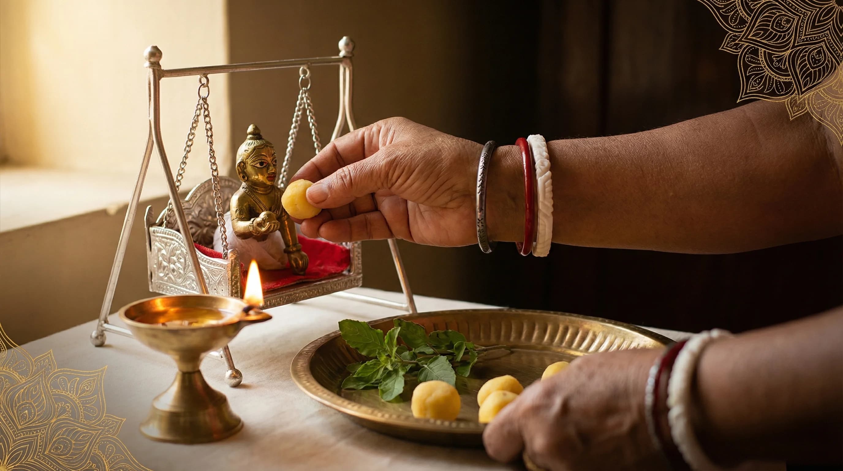 Bengali grandmother steadying a child's palm receiving a butter ball near a brass Krishna