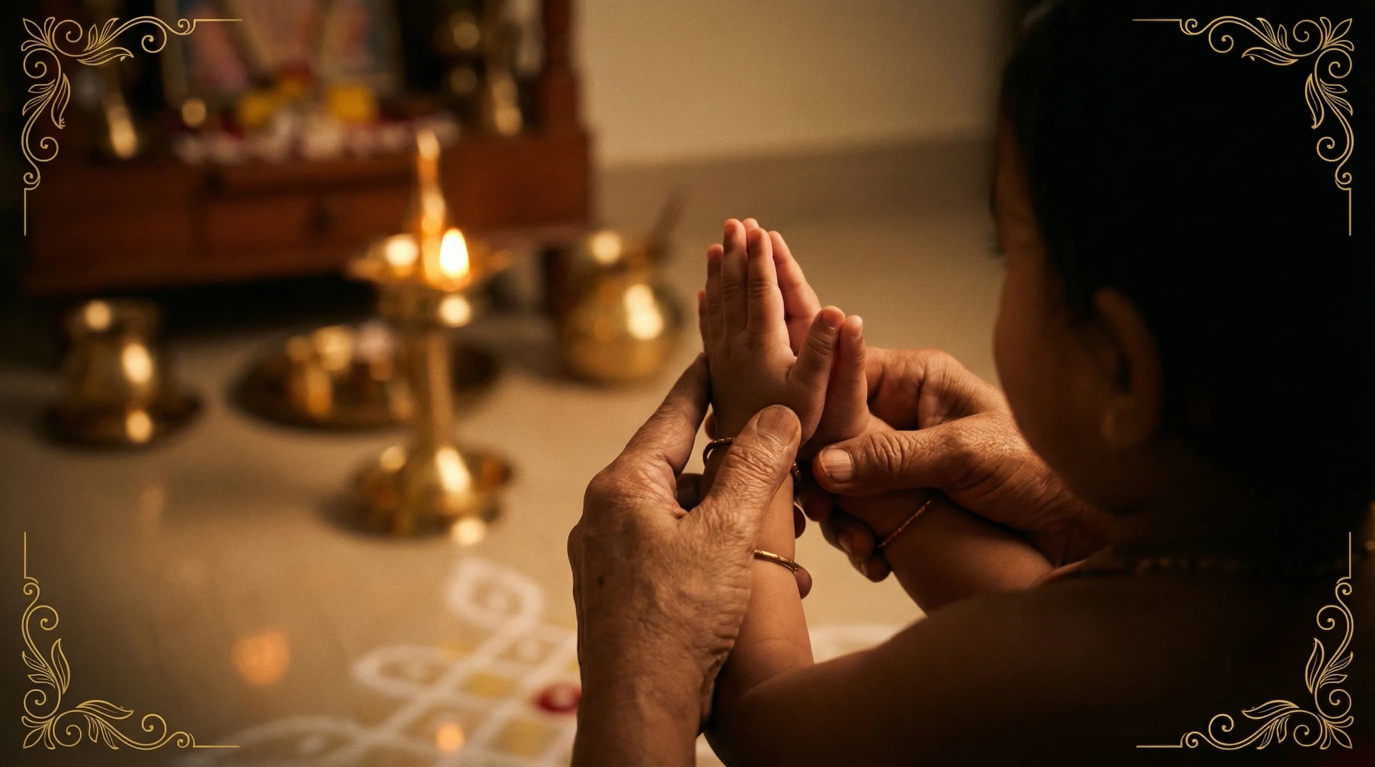 Grandmother teaching a child to pray — family chanting tradition