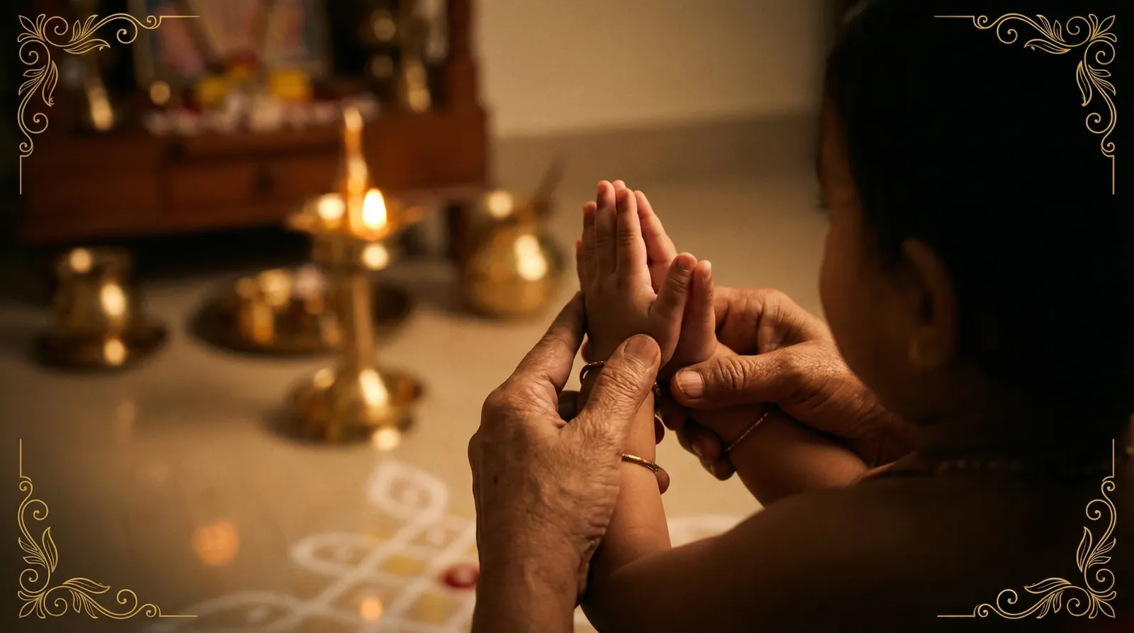 Grandmother teaching a child to pray — family chanting tradition