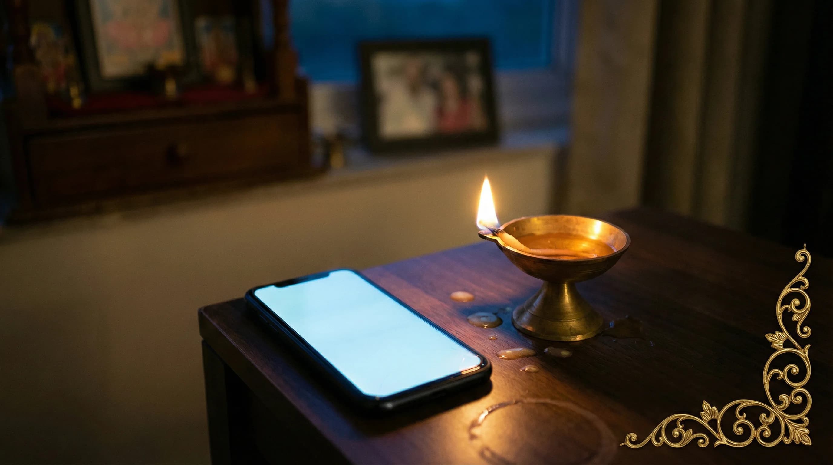 A smartphone glowing next to a brass diya — two sources of light, worlds apart