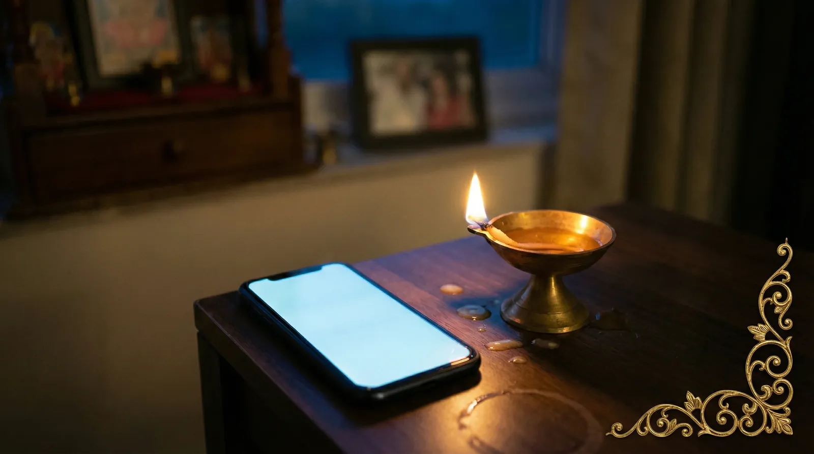 A smartphone glowing next to a brass diya — two sources of light, worlds apart