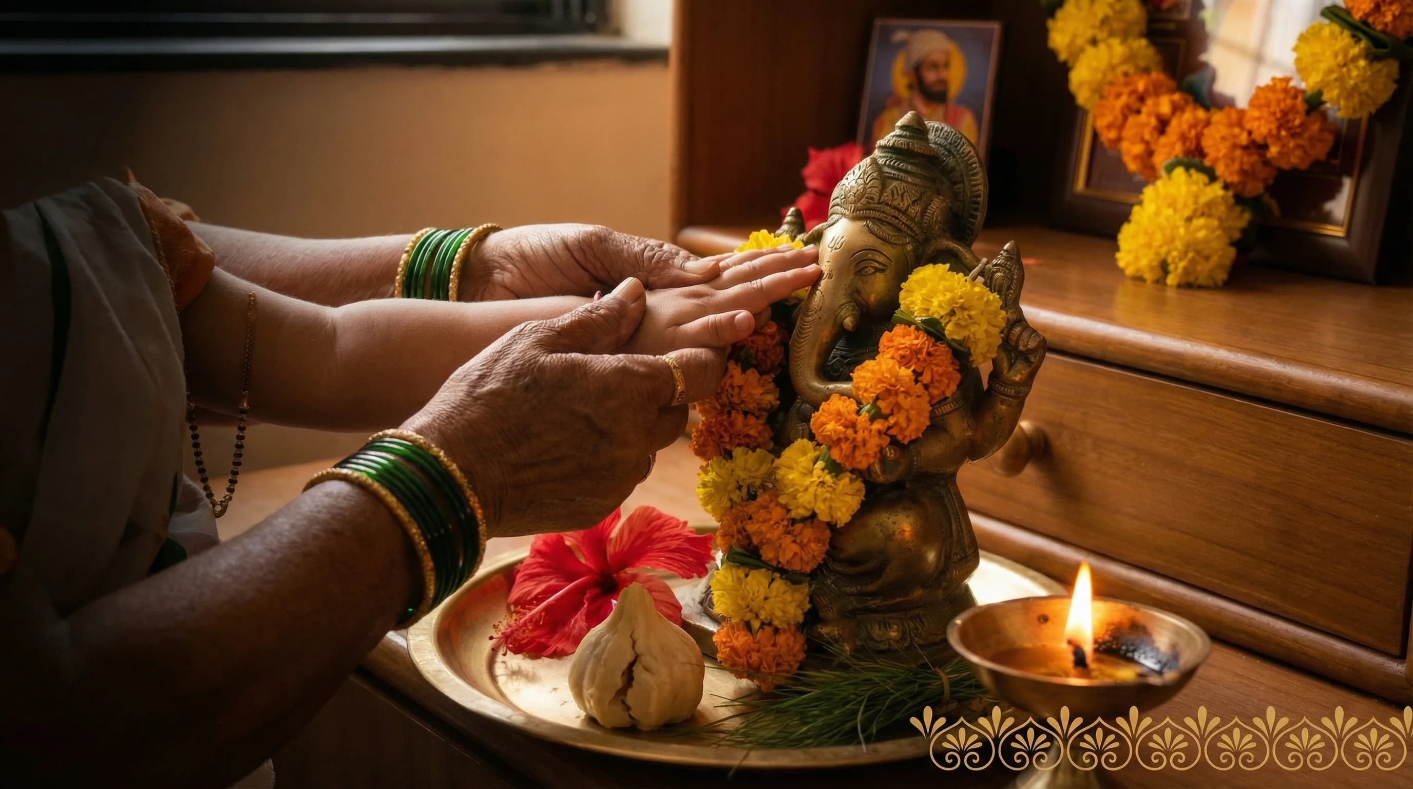 Green-bangled hands guiding a toddler to touch Ganesha's feet