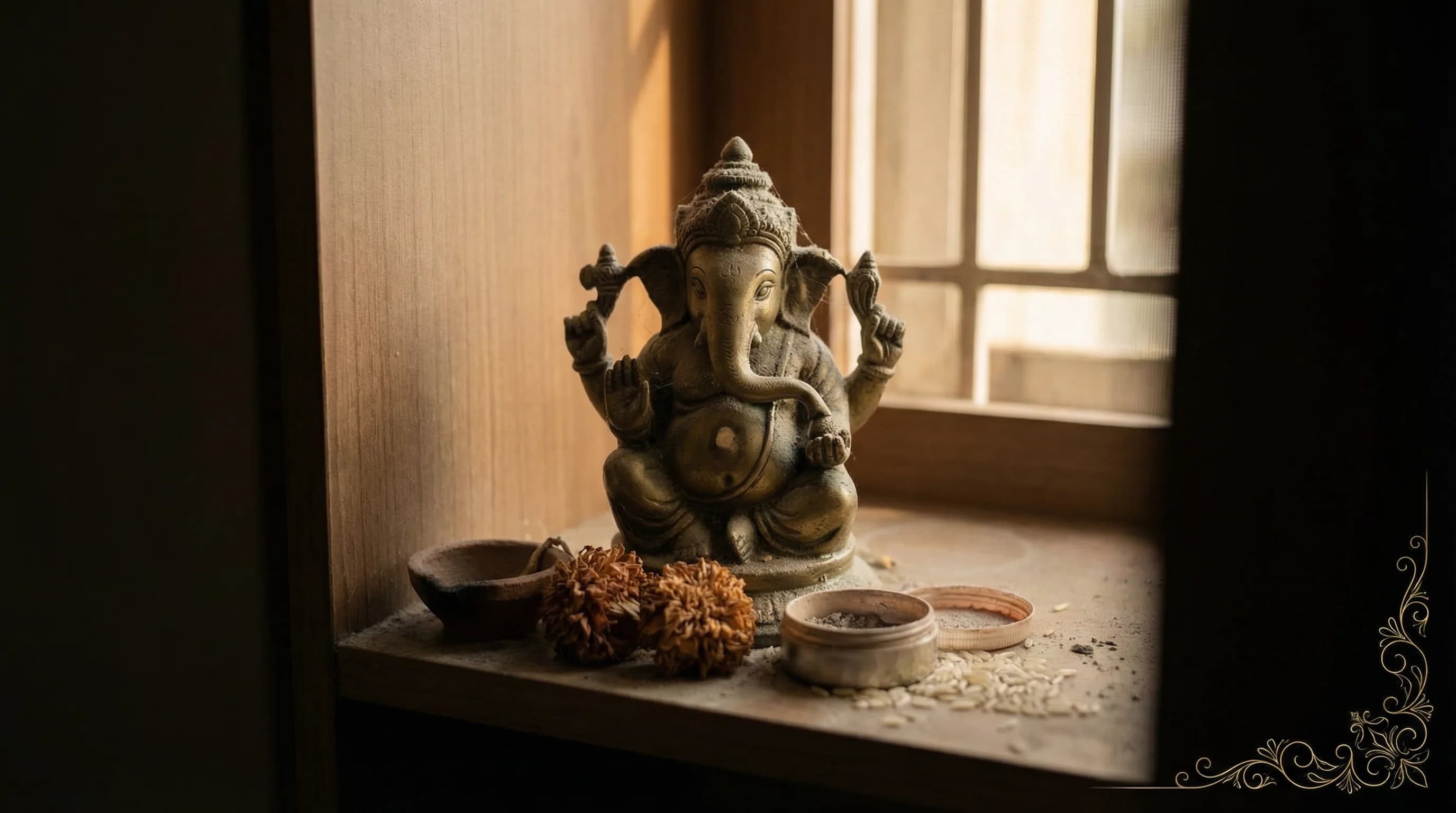 A tarnished Ganesha murti on a dusty shelf with a child's fingerprint on its belly
