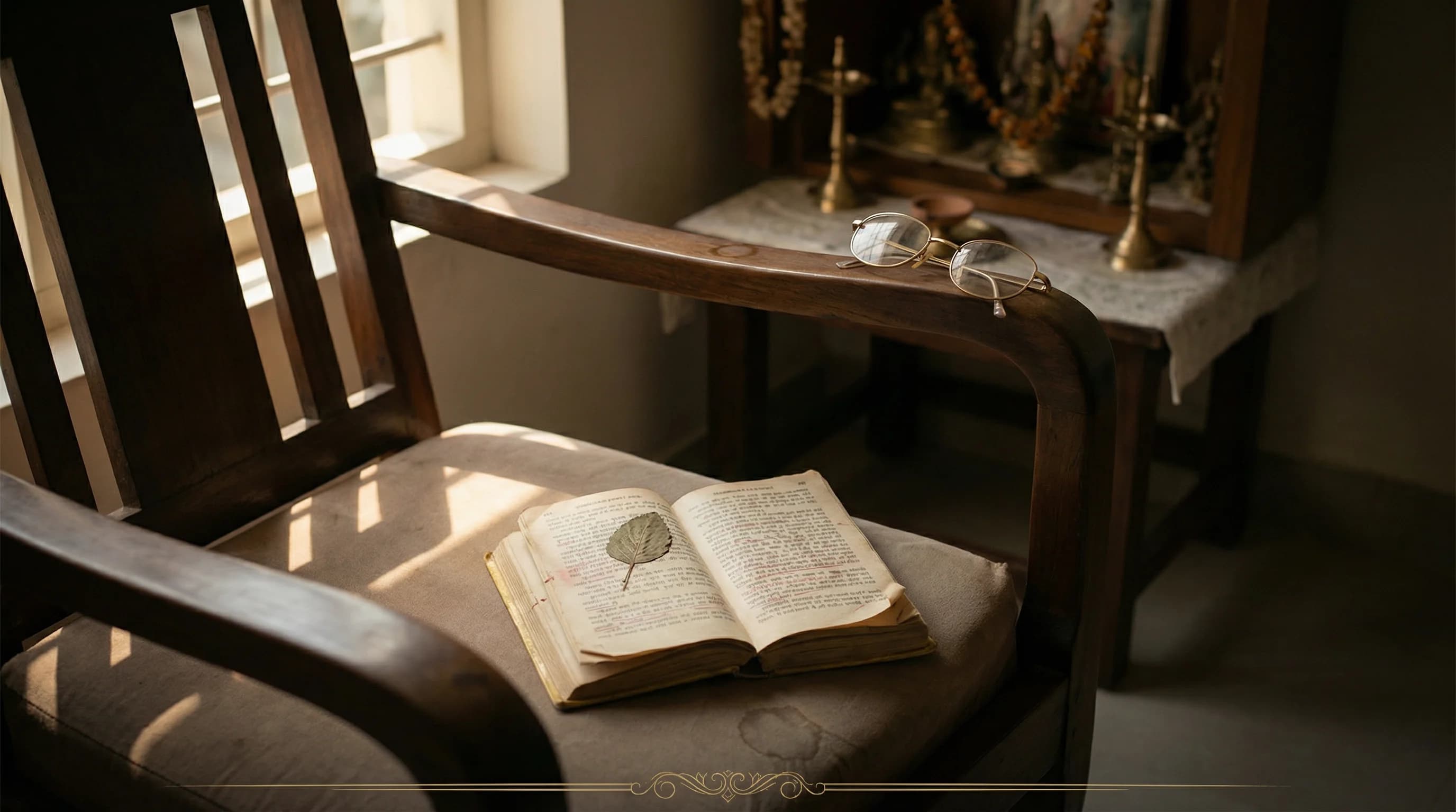 A worn Sunderkand lies open on a wooden chair — reading glasses on the armrest, chair empty